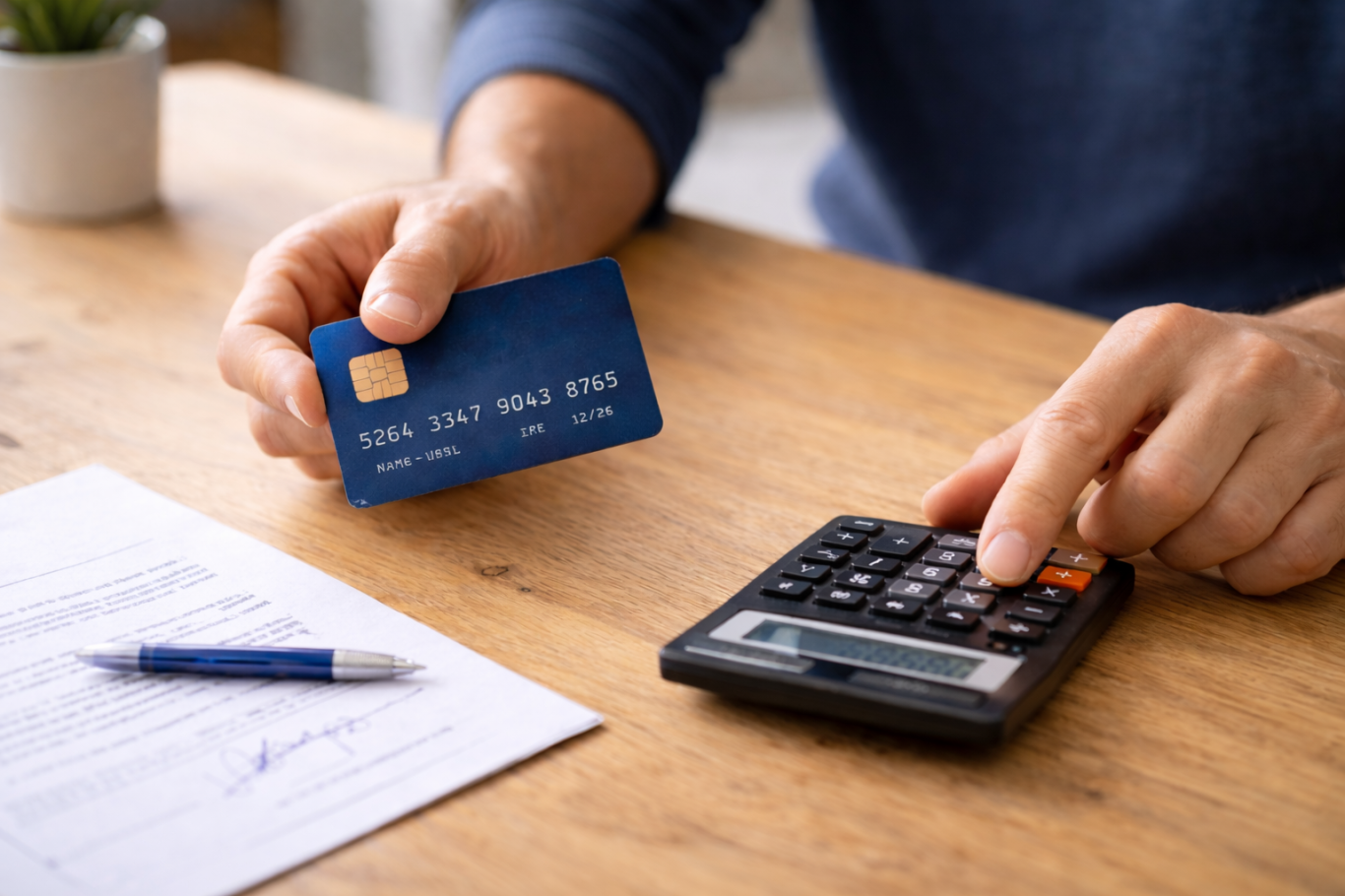 Paiement en plusieurs fois lunettes – opticien à Boulazac Une main tient une carte de crédit, l'autre utilise une calculatrice sur une table.