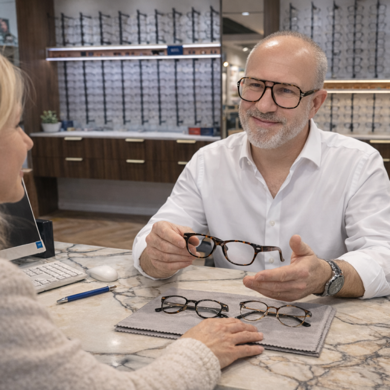 Phase de conseil en magasin – opticien à Boulazac près de Périgueux Opticien montrant des lunettes à une cliente dans un magasin.
