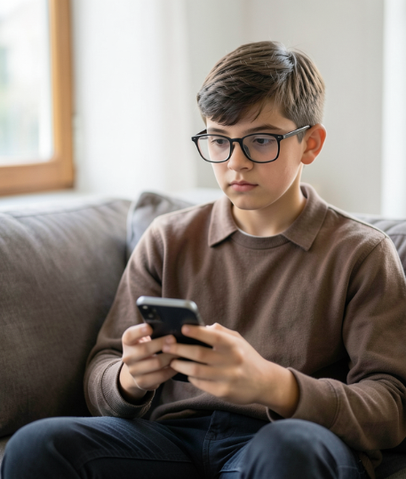 Lunettes pour enfant et écrans – accompagnement opticien à Boulazac Un adolescent avec des lunettes utilise un smartphone sur un canapé.