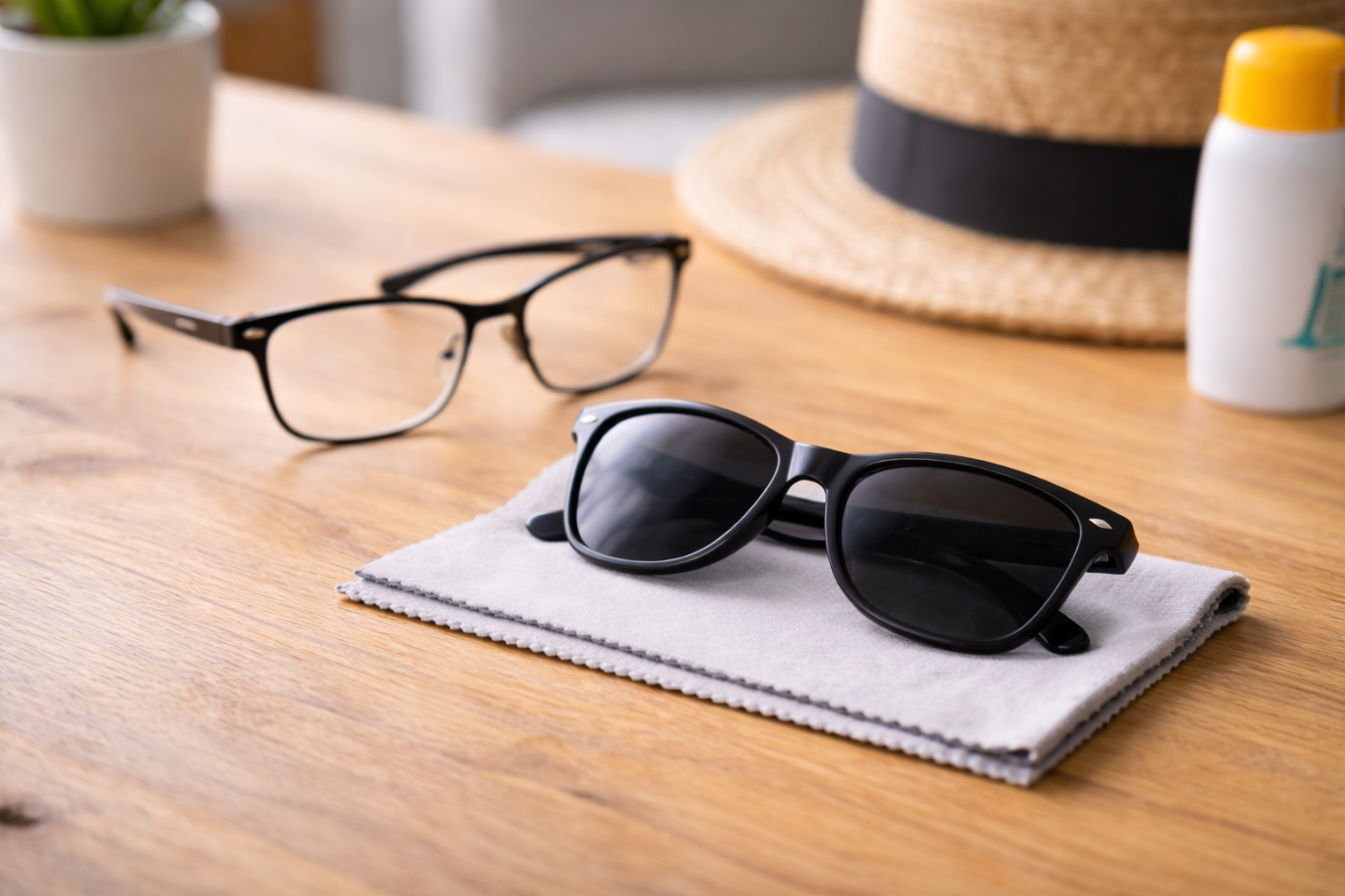 opticien à Boulazac: Deuxième paire et lunettes solaires Lunettes de vue et lunettes de soleil posées sur un support en tissu, sur une table en bois.